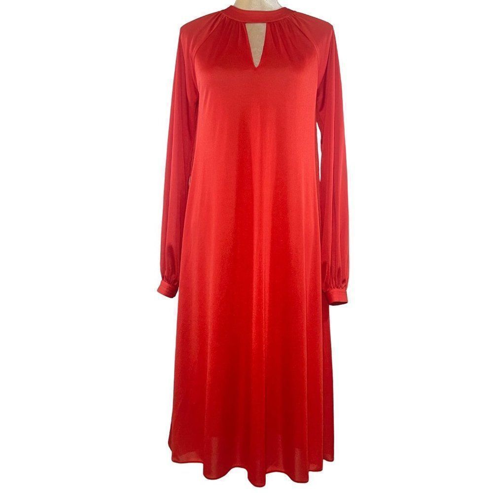 70s Vintage Ciao Ltd Orange Polyester Long Sleeve ALine Keyhole Shift Dress Sz 6